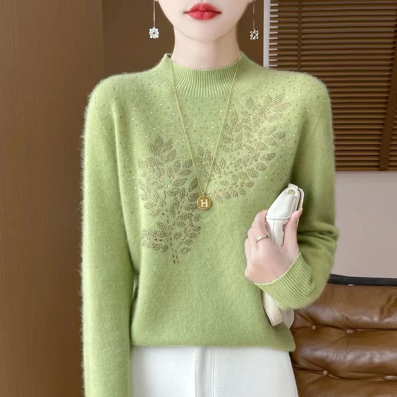 鄂尔多斯市100%正品烫钻半高领毛衣女宽松气质秋冬羊毛衫针织打底