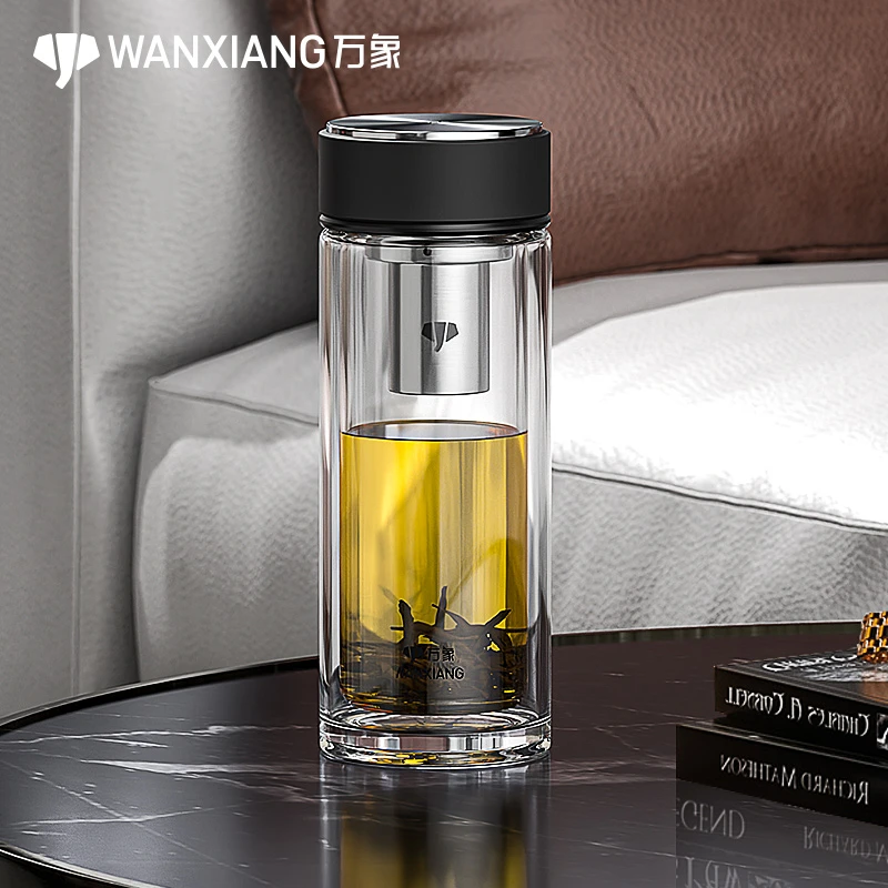 万象双层玻璃水杯车载高档商务办公室大容量便携茶杯耐热泡茶杯子