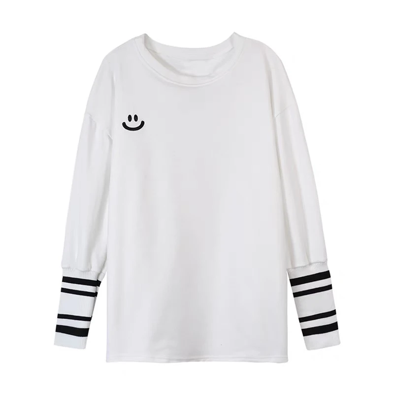 1029【笑脸拼接】春季新款 长袖拼接袖 百搭休闲宽松学生白色打底