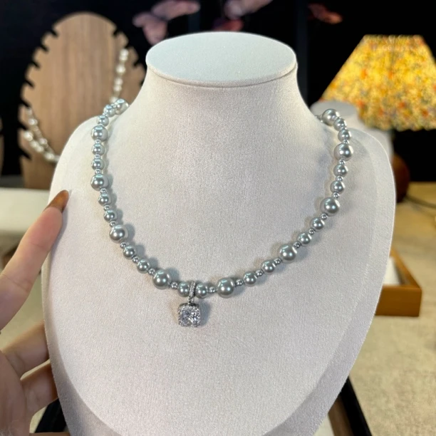 铜合金仿珍珠项链 鲸与海-方糖锆石奢华珍珠毛衣项链（高品不破皮）