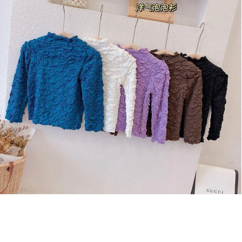 女童打底衫秋冬款儿童修身褶皱领长袖洋气泡泡打底衫百搭韩版套头