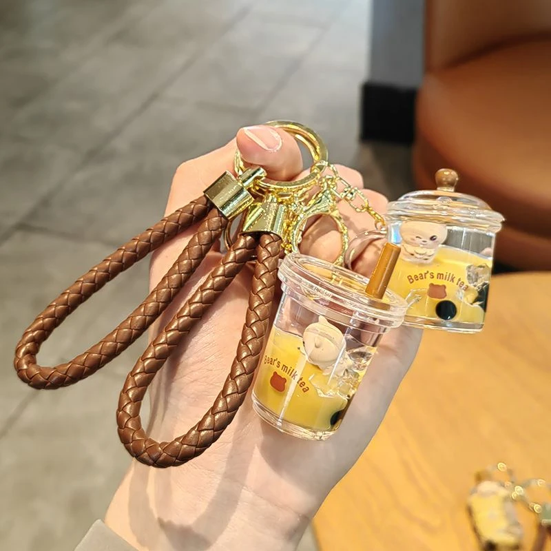 入油漂浮漂流瓶小熊液体茶杯珍珠奶茶挂件饮料钥匙扣精致男女学生