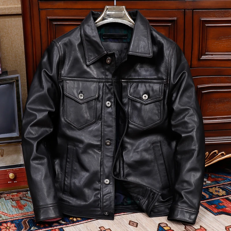 新款山羊皮真皮皮衣男士翻领商务休闲时尚百搭黑色纯皮夹克单排扣
