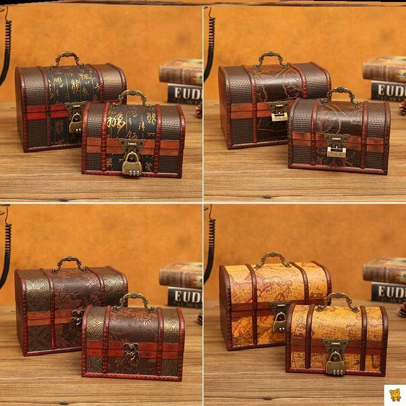 宝箱收纳盒复古儿童宝藏百带锁密码盒精致首饰盒藏宝小箱子木盒子