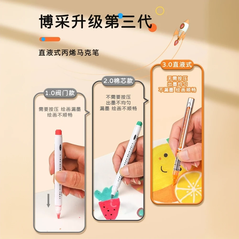 博采直液式丙烯马克笔36色48色软头安全无毒小学生专用不透可叠色