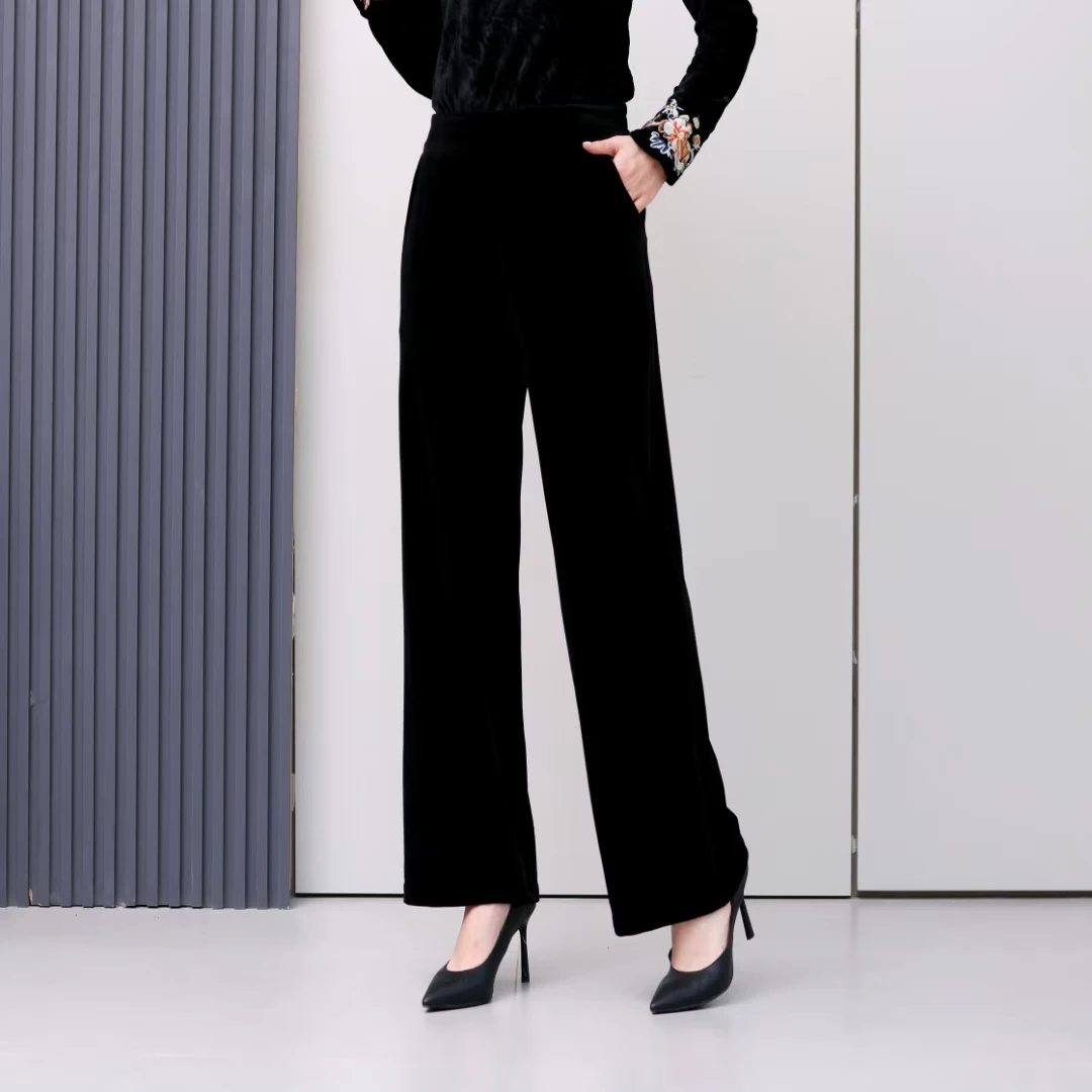 金丝绒松紧腰休闲大码直筒裤高腰阔腿裤女士裤子 ZML