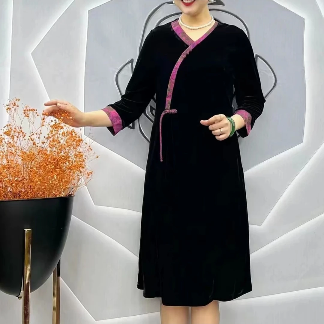 国风拼色金丝绒有口袋连衣裙