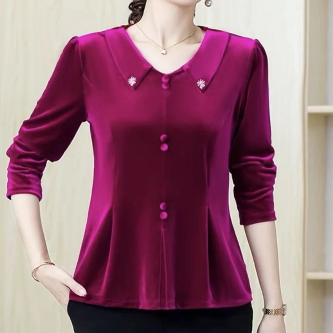 金丝绒小翻领收腰显瘦大码弹力上衣妈妈装时尚洋气