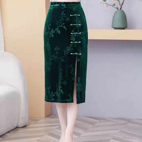 国风复古盘扣松紧腰 YX 金丝绒压花半身裙妈妈裙