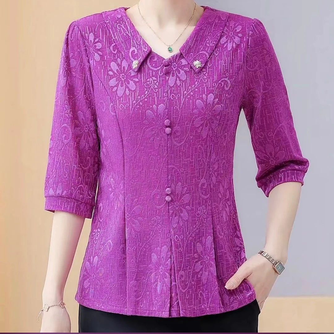 无品牌春夏新款翻领中袖小衫弹力大码时尚妈妈装