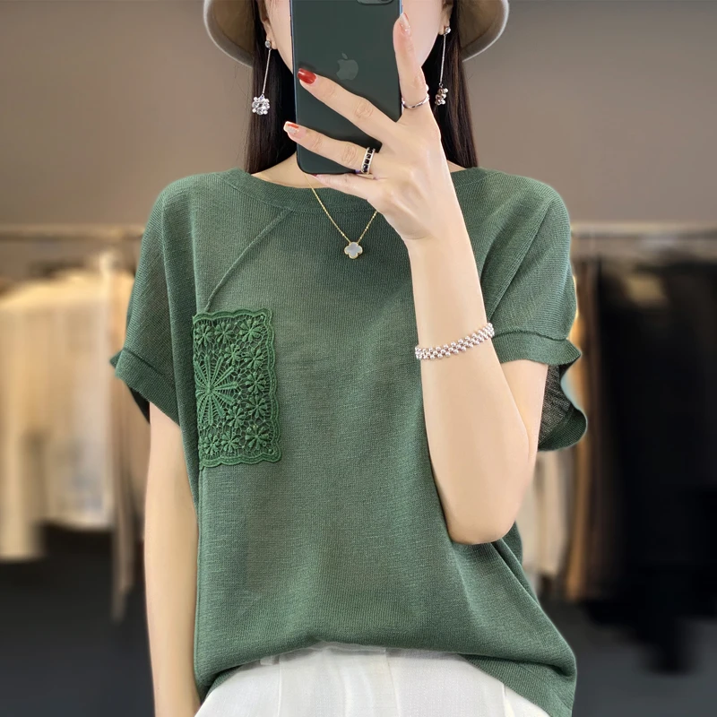 大码夏季圆领短袖冰丝竹节麻针织衫薄款套头气质时尚上衣宽松女士
