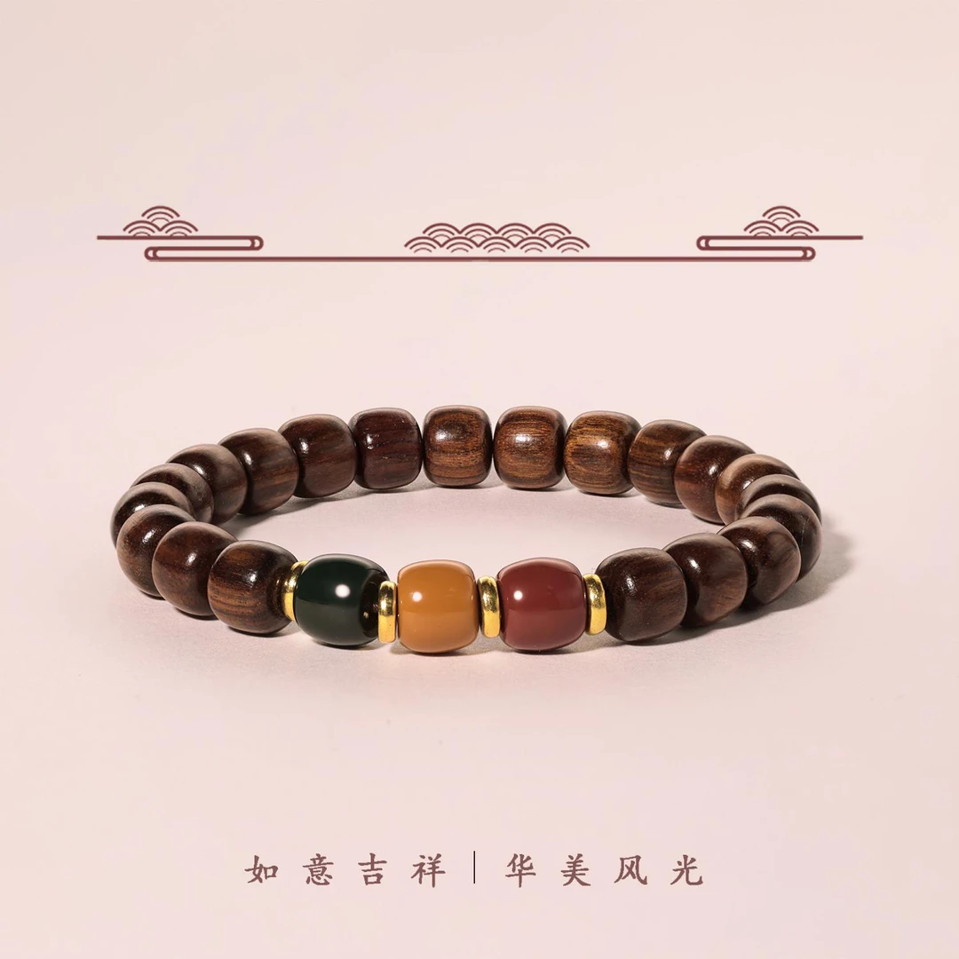 非金属木质手链 天然木质手串三色珠子新中式百搭小众情侣手串