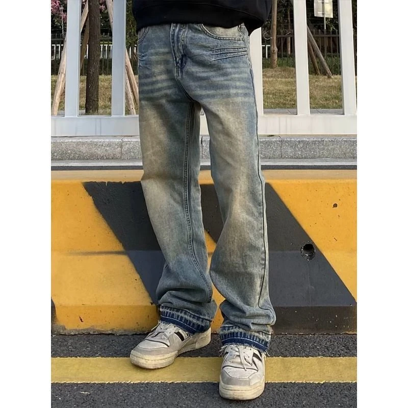 街头cleanfit做旧黄泥牛仔裤男水洗蓝色潮牌直筒阔腿休闲宽松裤子