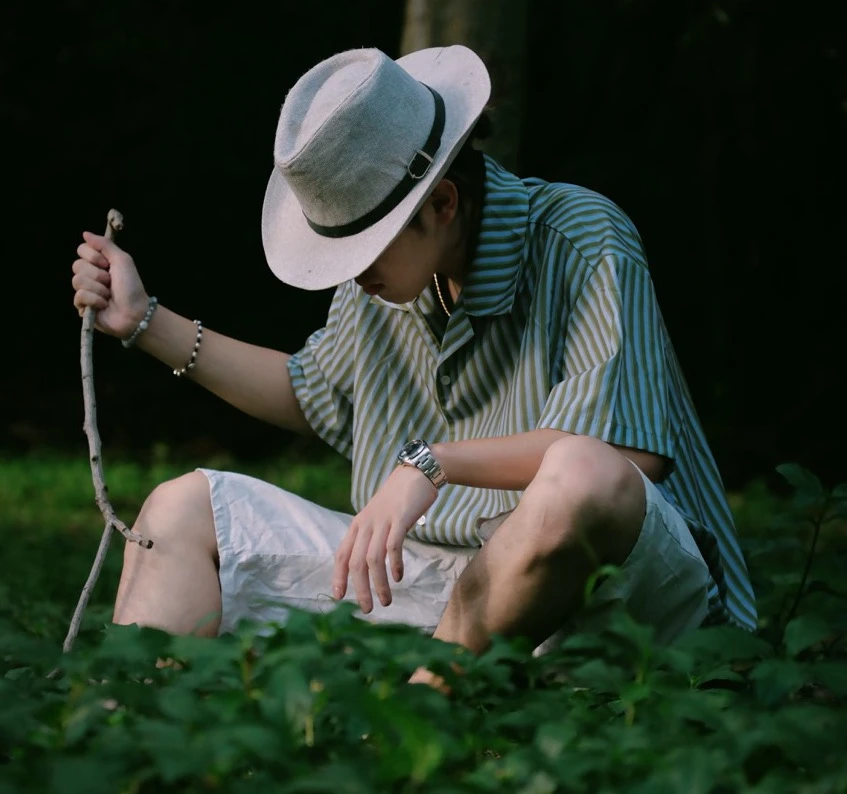 夏季复古绿色休闲短袖潮流条纹衬衫宽松