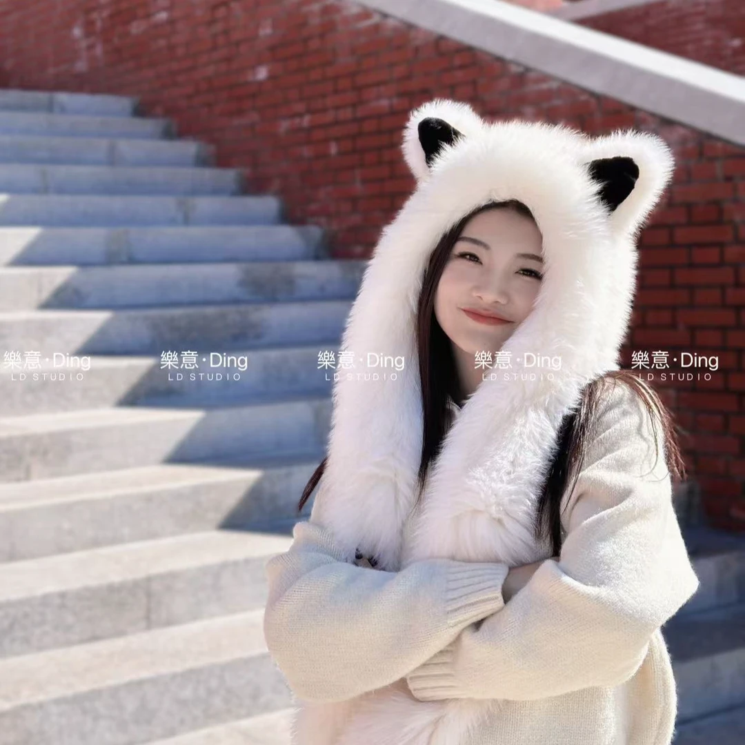 可爱猫耳朵狐狸毛围巾一体风雪帽女两用皮草帽子加厚保暖围脖连帽