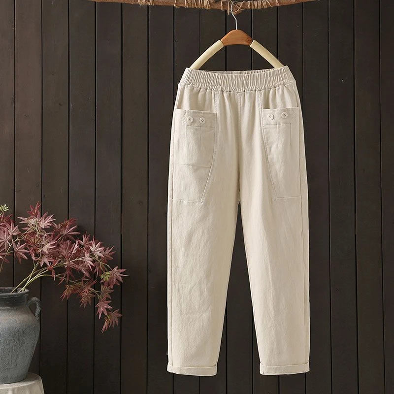 2024春秋季薄款宽松长裤休闲百搭哈伦裤妈妈裤水洗弹力棉萝卜裤