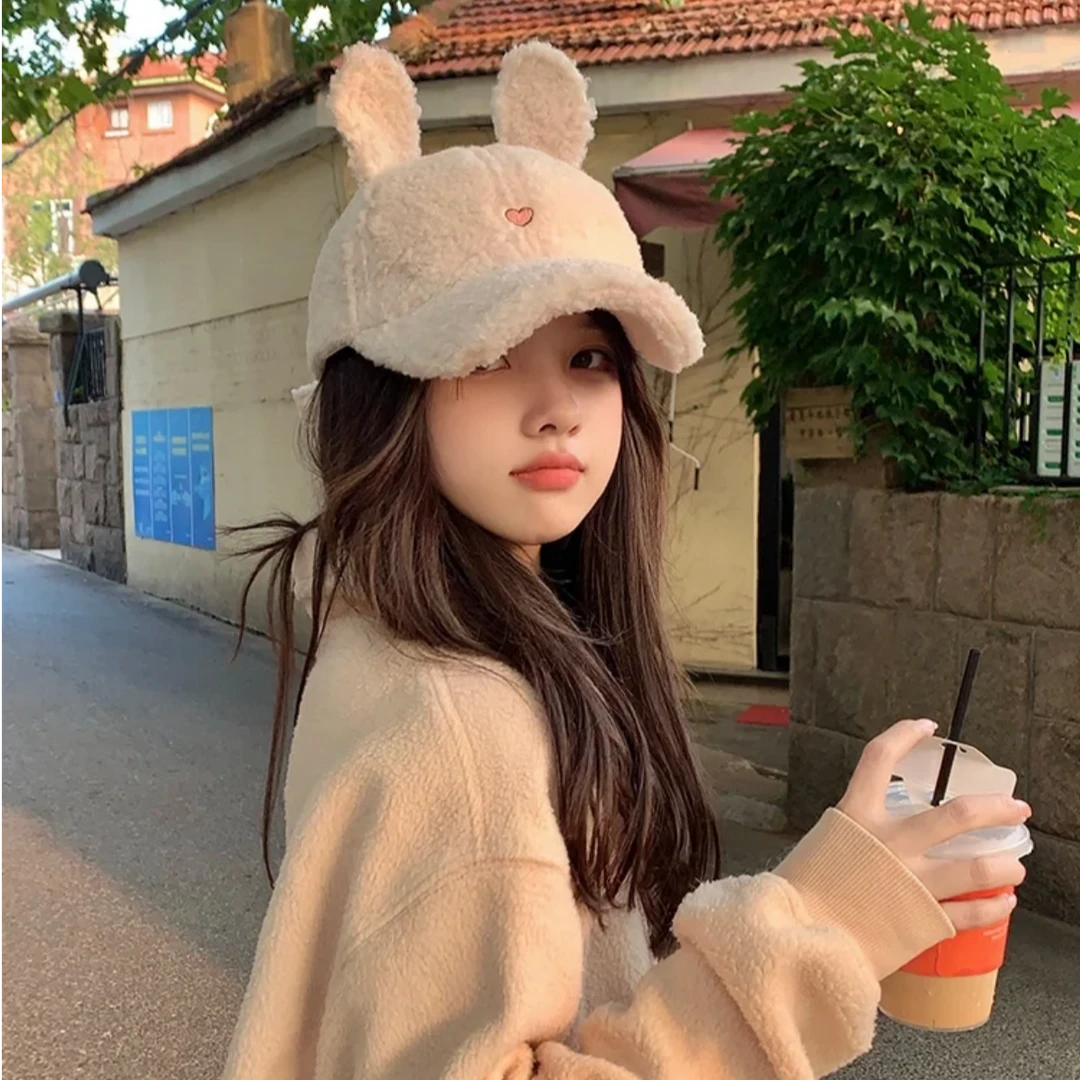 正反两戴羊羔毛棒球帽秋冬时尚显脸小百搭韩版大头围兔子鸭舌帽