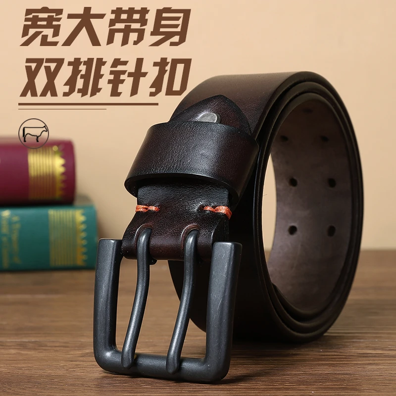 4.3CM加宽双针扣皮带男真皮头层牛皮复古青年百搭休闲特种兵腰带