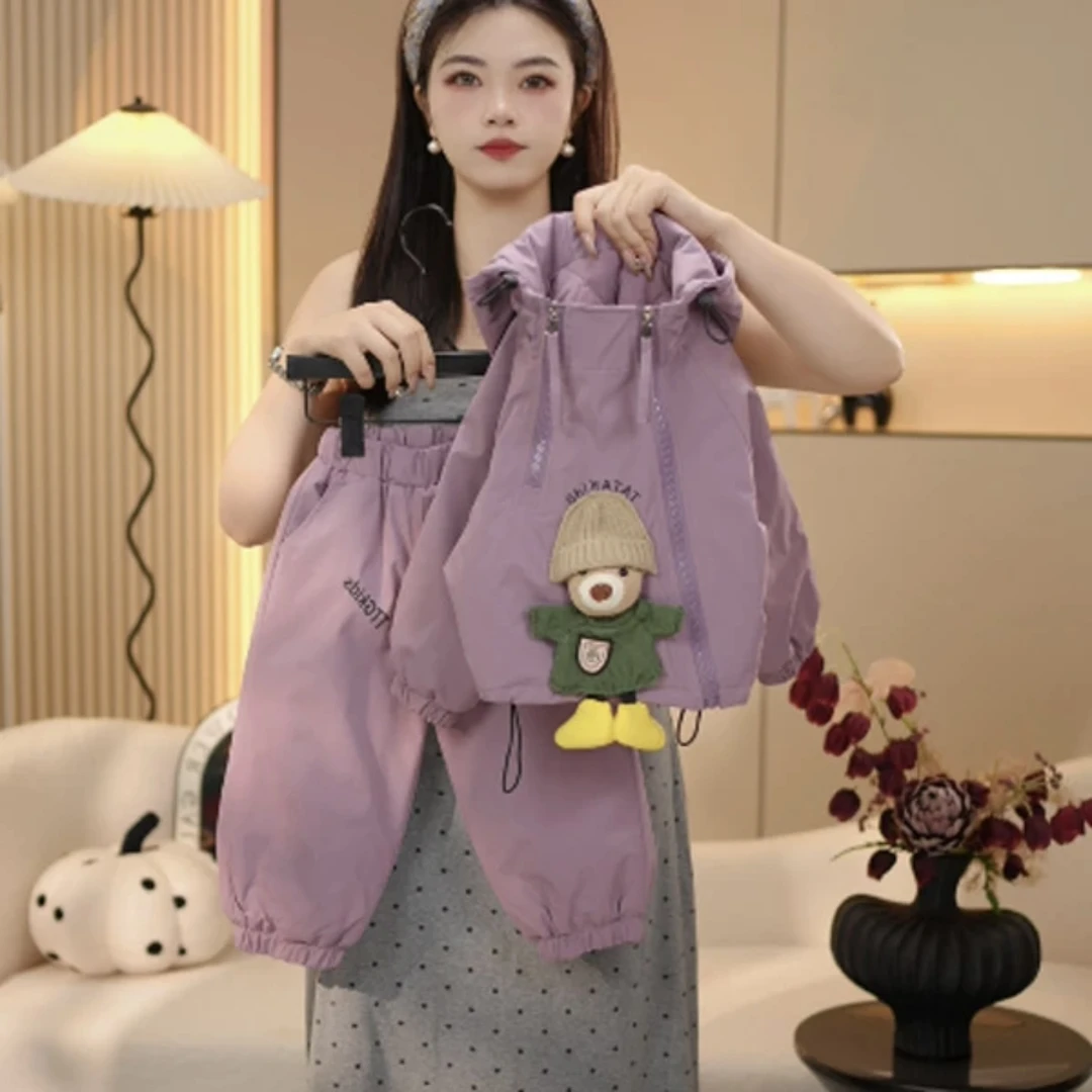 女童紫色夹棉外套秋冬新款中大童洋气上衣冬装中大童休闲套装