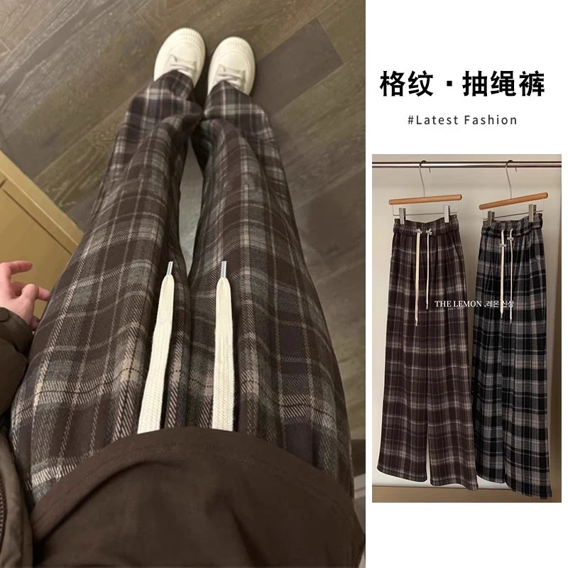 孕妇格子裤女秋冬外穿2024新款复古休闲毛呢阔腿裤春季直筒长裤