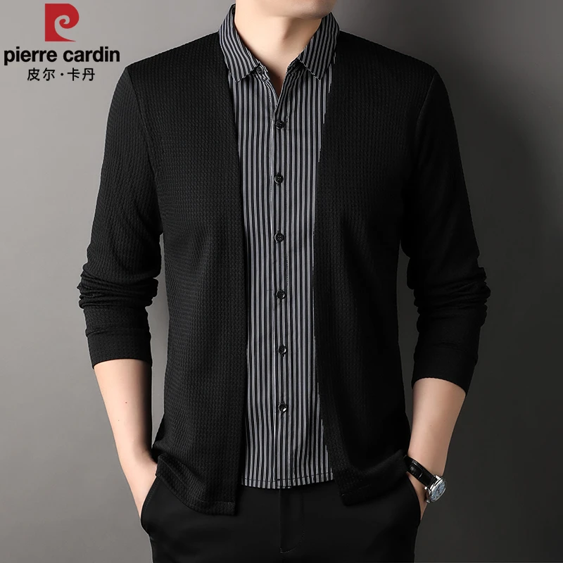 皮尔卡丹时尚休闲商务假两件上衣春秋季薄款翻领衬衫领开衫男衬衣