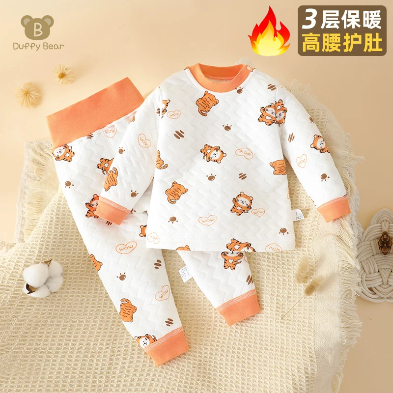 婴儿保暖秋衣秋裤套装秋冬男女宝宝高腰护肚夹棉长袖分体内衣冬装