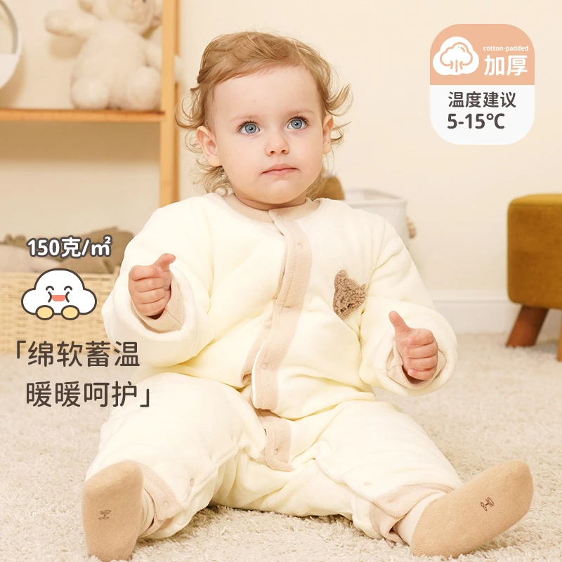 宝宝棉服秋冬款新生婴儿衣服夹棉连体衣暖棉衣男女加厚摇粒绒小熊
