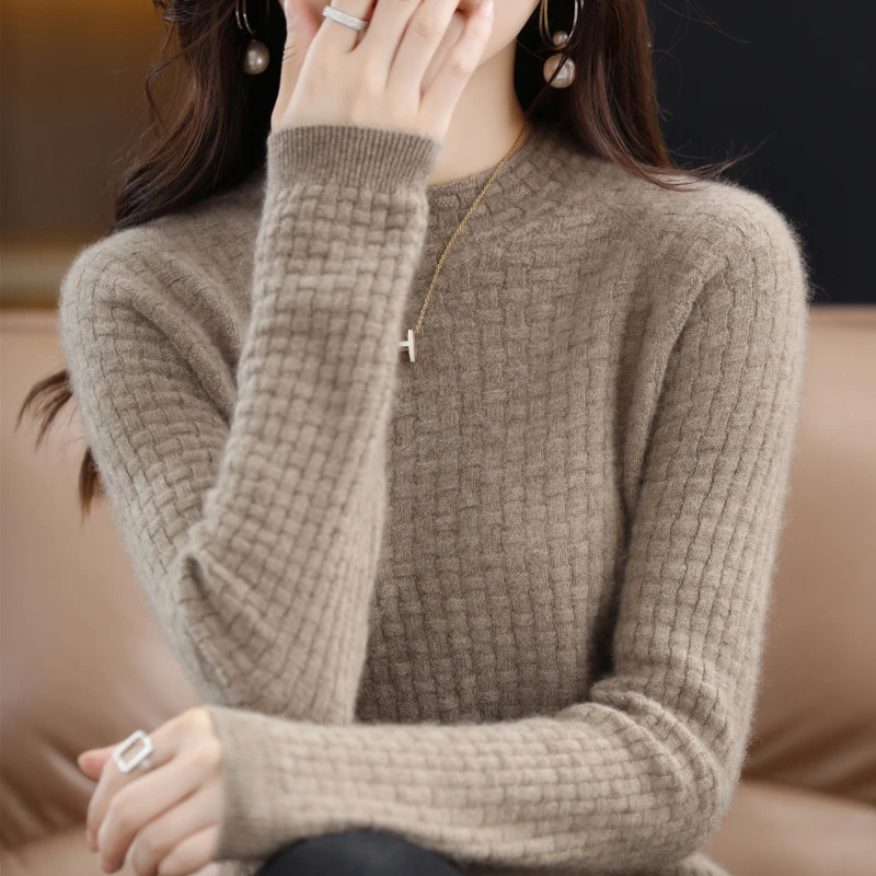 一线成衣100%纯羊毛衫女22秋冬新款圆领华夫格加厚套头毛衣打底衫