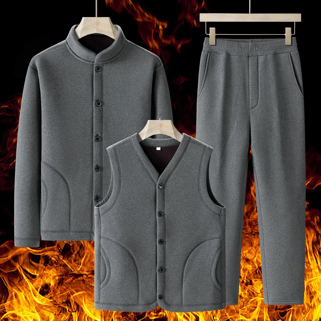 爷爷冬季休闲舒适加绒加厚马甲外套套装亲肤厚款60岁老年装