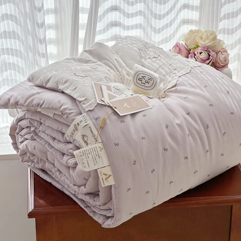 软糯全棉春秋冬被全棉双层纱大豆被法式花边A类母婴可机洗