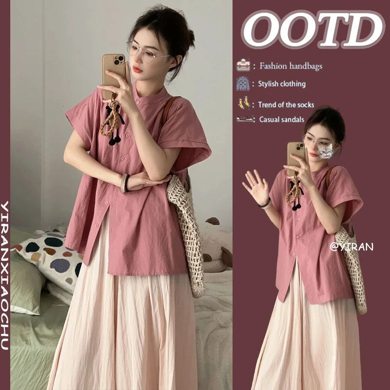 夏季套装女2024新款韩版减龄显瘦气质短袖衬衫遮肉半身裙两件套潮