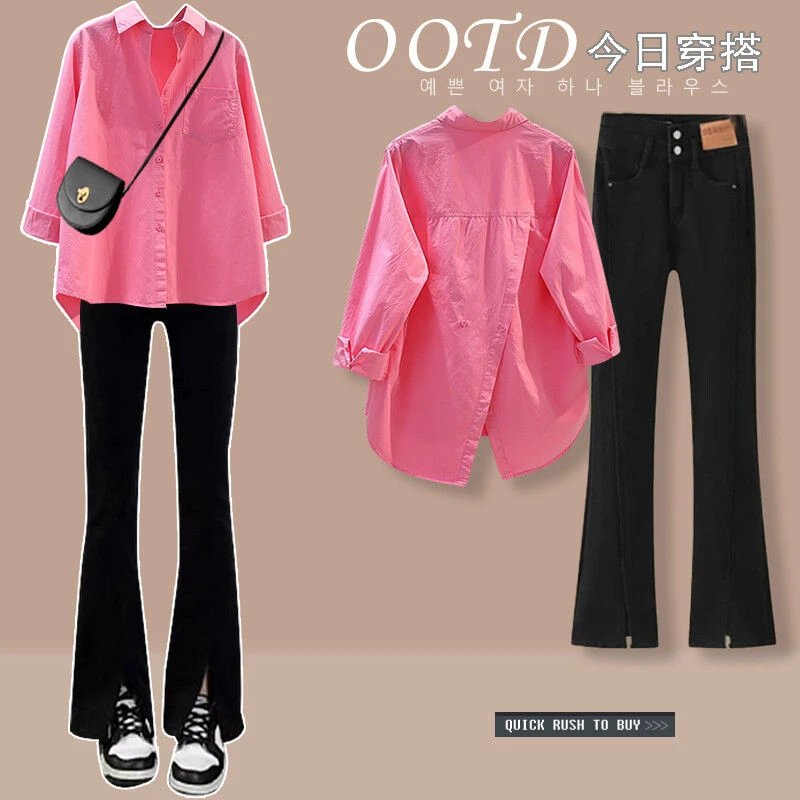 大码女装夏季套装女2025新款气质显瘦休闲衬衫高腰微喇裤两件套潮