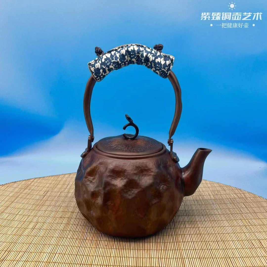 【紫铜茶具】1200cc手工陨石坑做旧复古紫铜提梁壶纯铜煮水壶烧水