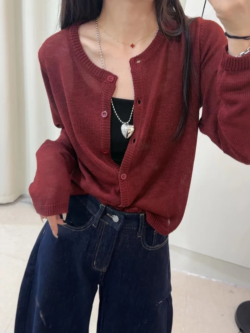 QianRH-9834春季新款简约风百搭纯色排扣针织开衫