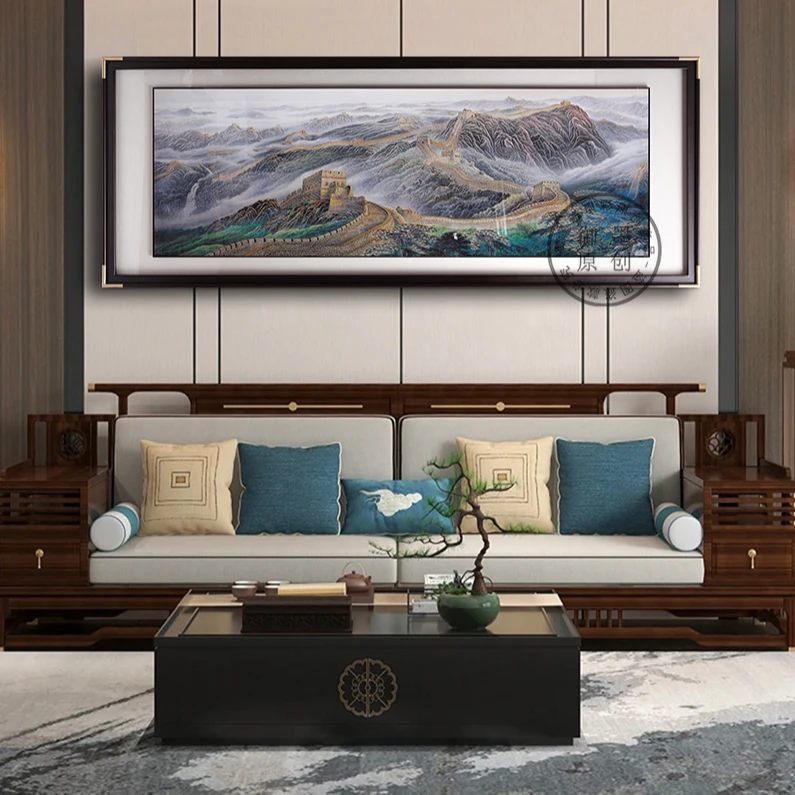 现代新中式铜雕画万里长城沙发背景画餐厅客厅办公室挂画横版入户