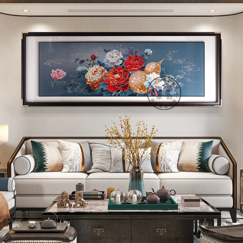 现代新中式铜雕画花卉牡丹葫芦五福沙发背景画餐厅客厅画横版入户