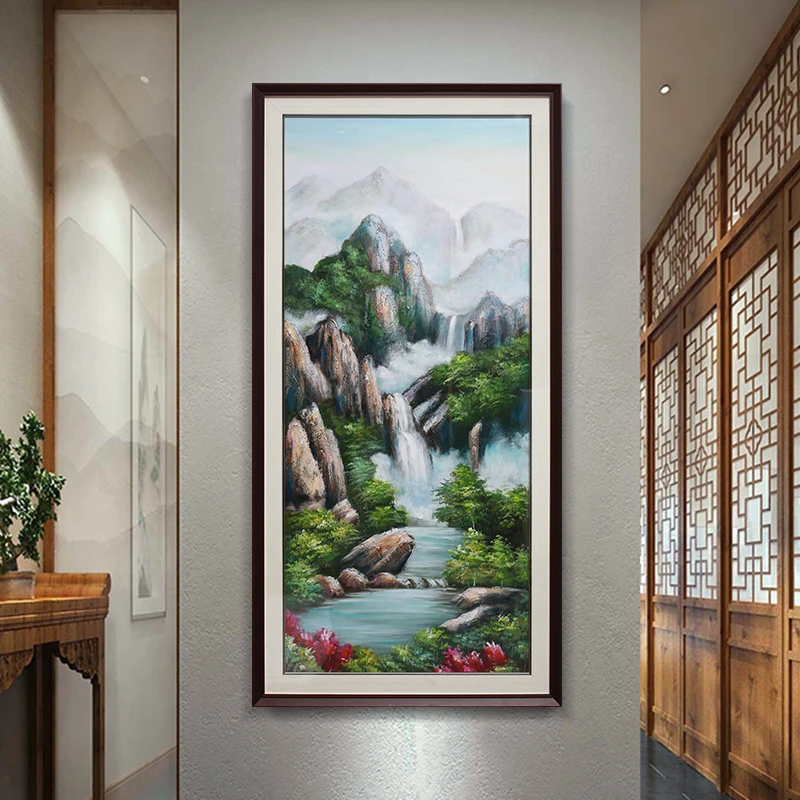 现代新中式手绘油画装饰画山水画山川瀑布风景玄关走廊过道竖版