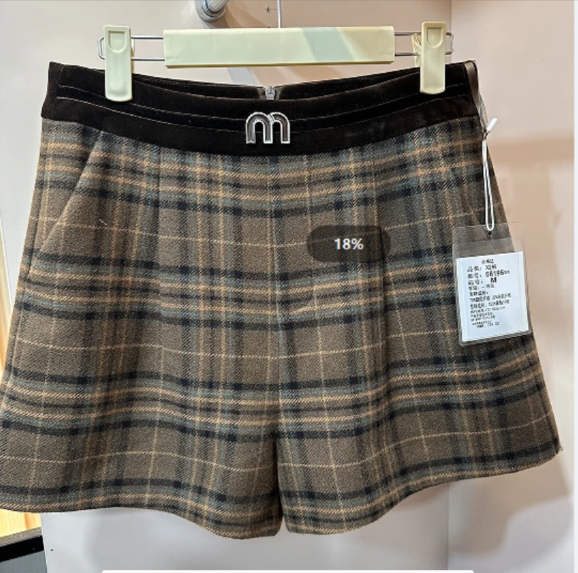 高腰格子显瘦毛呢短裤女秋冬时尚新款复古学院风复古风格子短裤