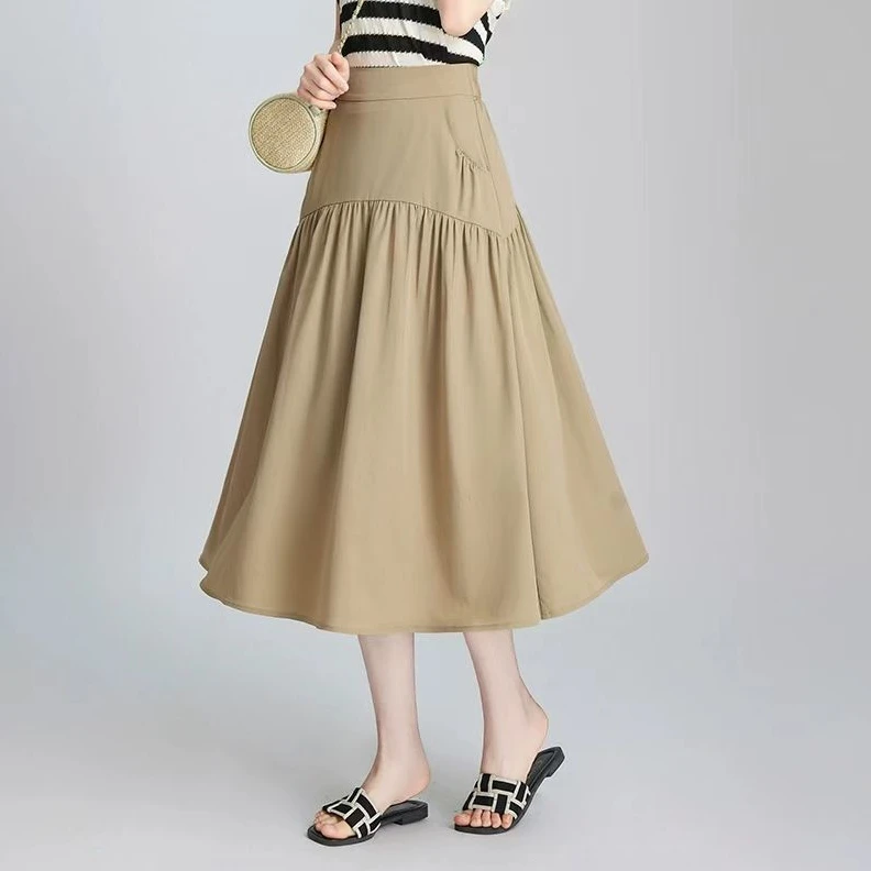 洋气时尚纯色优雅半身裙2024夏季新款高腰显瘦气质百搭中长A字裙