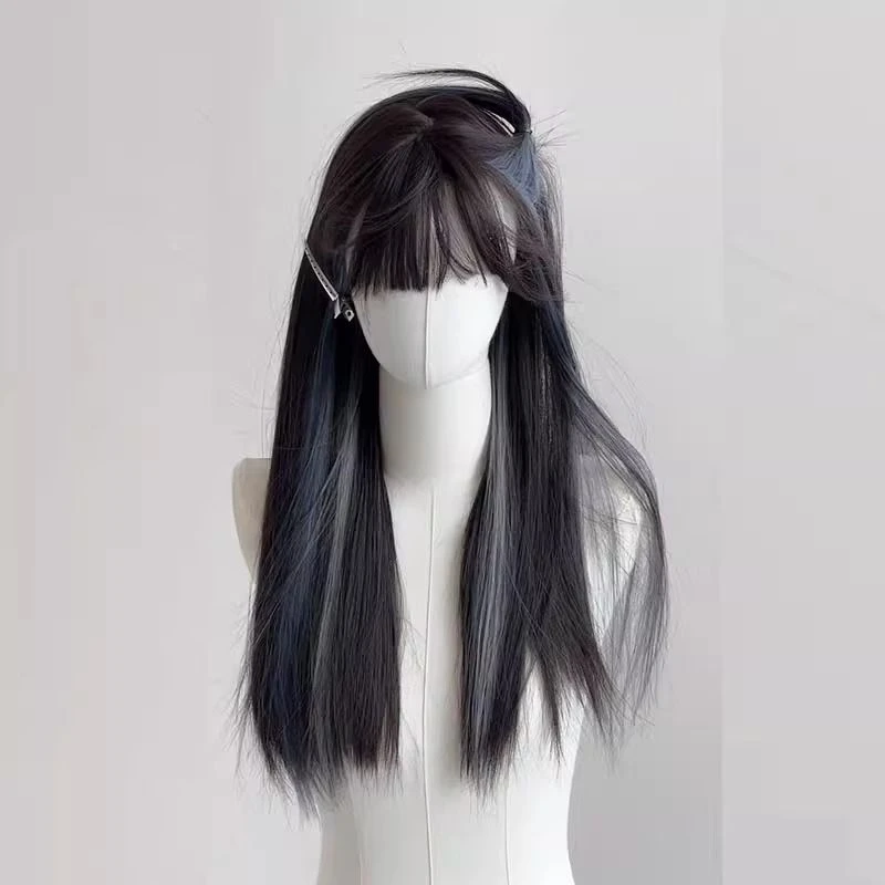 蓝色白茶灰挑染假发女日常薄款透气长直发仿真人发全头套挑染假发