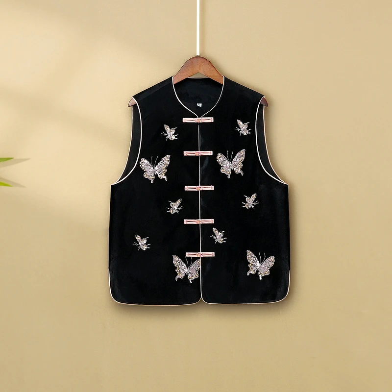 【莺蝶】2024新款春秋国风马甲新中式圆领绣花钉珠丝绒女装马夹外套