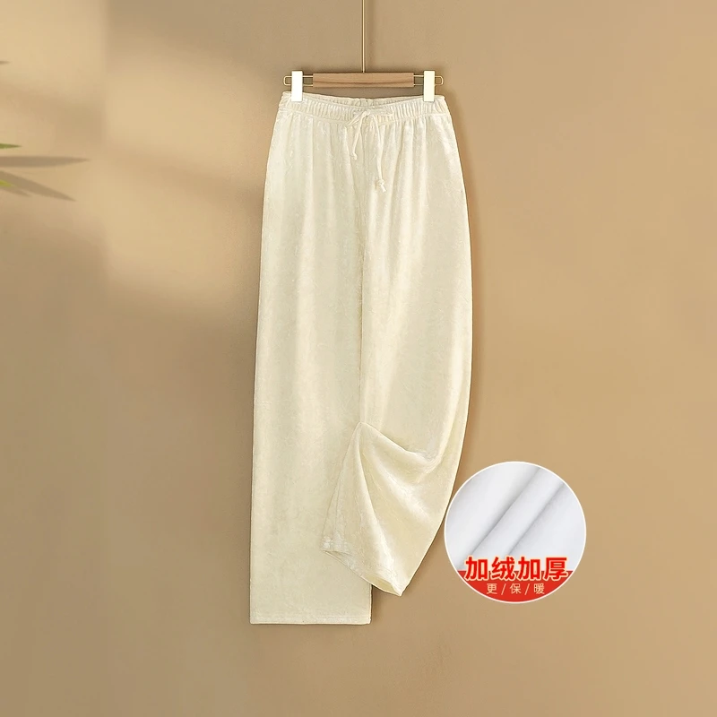 【玉绒】2024新款秋冬新中式休闲裤女宽松直筒加绒加厚丝绒裤子女款
