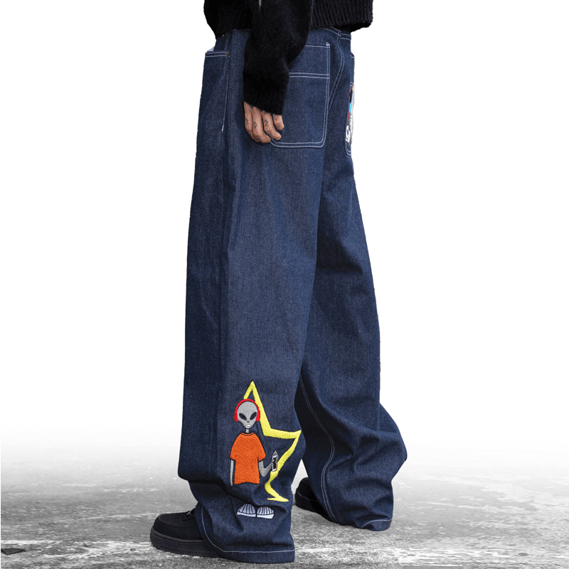 潮牌牛仔裤女刺绣宽松长裤直筒阔腿2024春季新款美式高街小众裤子