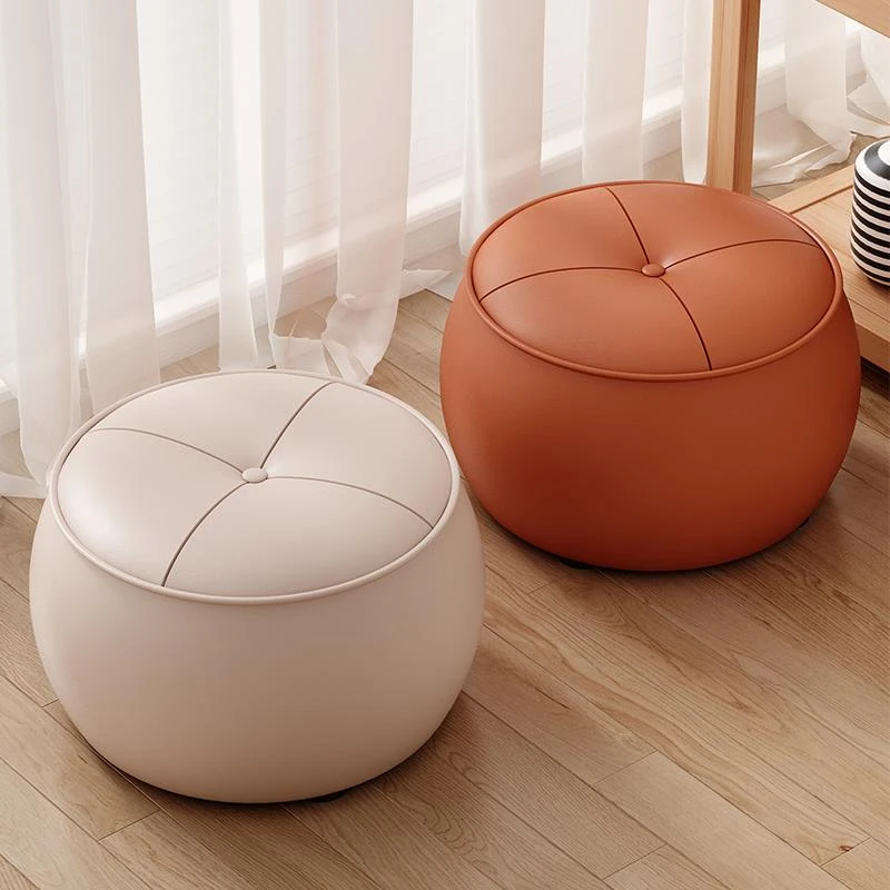 BO入户门口换鞋凳轻奢实木圆凳皮质家用矮凳客厅凳子沙发茶几南瓜