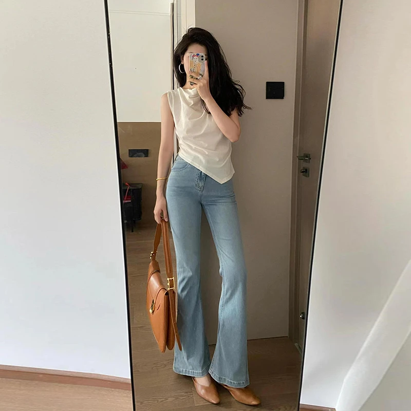 浅色喇叭裤女春秋2025年新款爆款高腰显瘦小个子微喇牛仔裤子春秋