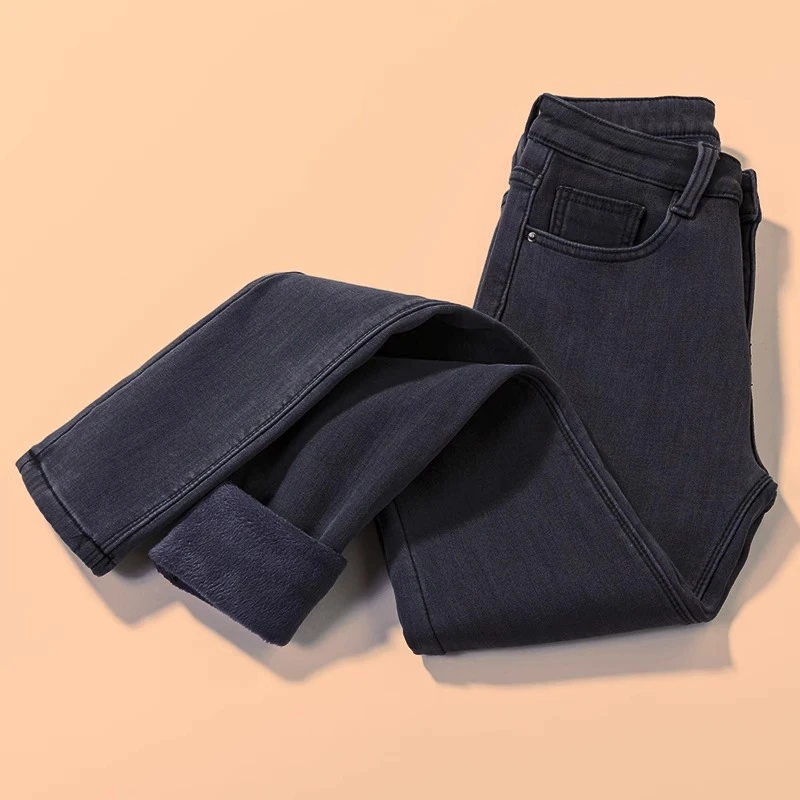 黑灰色加绒牛仔裤女弹力加厚紧身小脚裤高腰显瘦修身冬季铅笔裤子