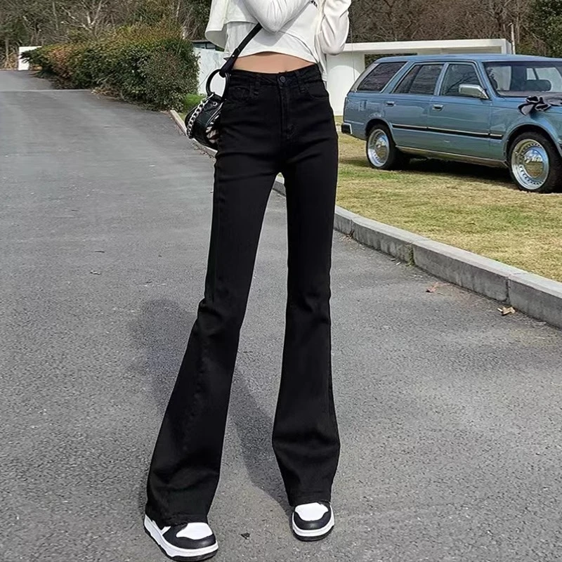 黑色微喇牛仔裤女2025年新款春秋季高腰显瘦复古小个子马蹄喇叭裤