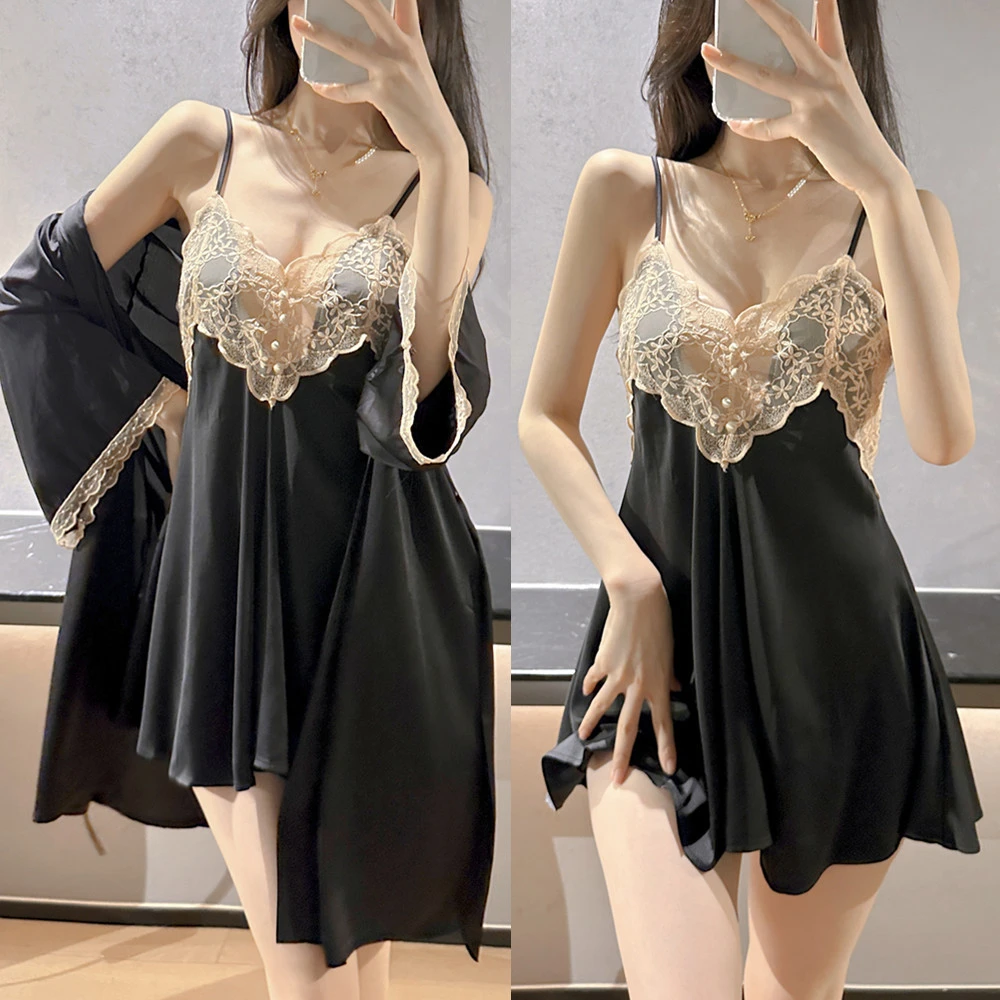 【桃禾睡衣】夏天法式性感女夏冰丝女士吊带睡裙睡袍露背家居服