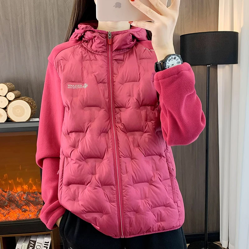 秋冬新款轻薄羽绒服女拼接连帽白鸭绒保暖防水户外休闲外套保暖衣