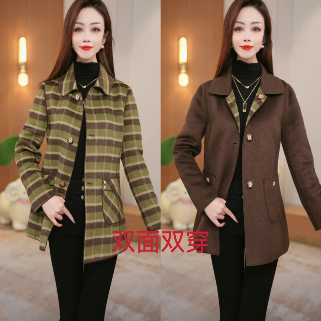 Wliya/维荔娅短款红灰格双面穿羊毛大码显瘦大衣春秋洋气收腰气质